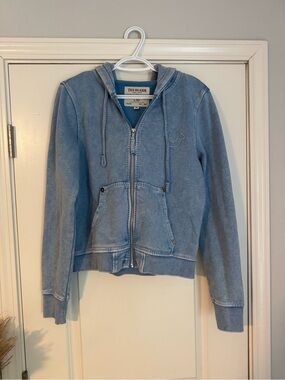 True Religion Denim-Look Zip Hoodie in Light Blue